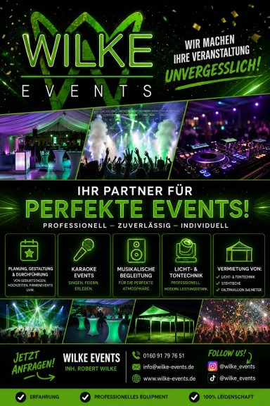 Werbung für Wilke Events mit Infos über Eventdienstleistungen und Veranstaltungen.