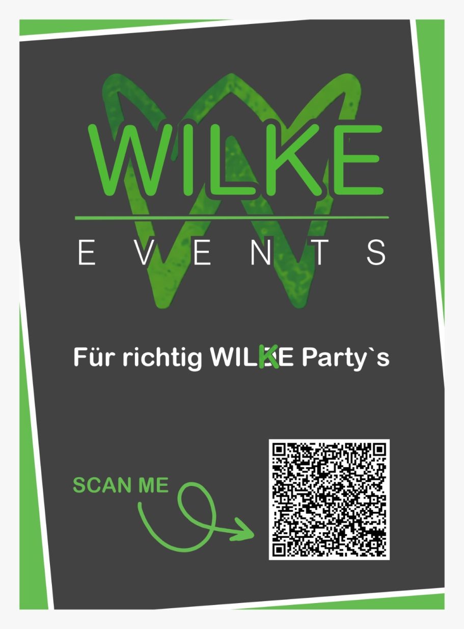 Flyer Plakat für Wilke Events mit QR-Code und Motto "Für richtig WILDE Partys".