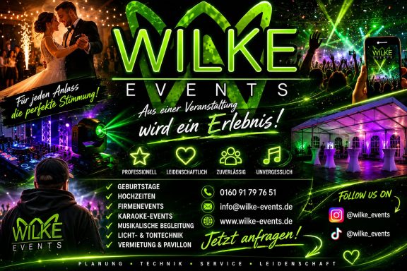 Logo von Wilke Events mit Informationen zu Dienstleistungen und Kontaktdaten.