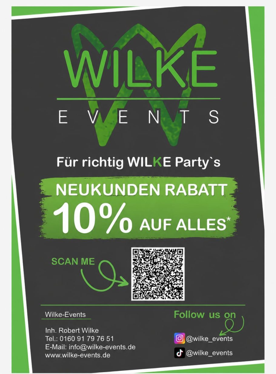Flyer mit 10% Neukunden Rabatt Wilke Events Werbung mit 10% Neukundenrabatt auf grünem und schwarzem Hintergrund.